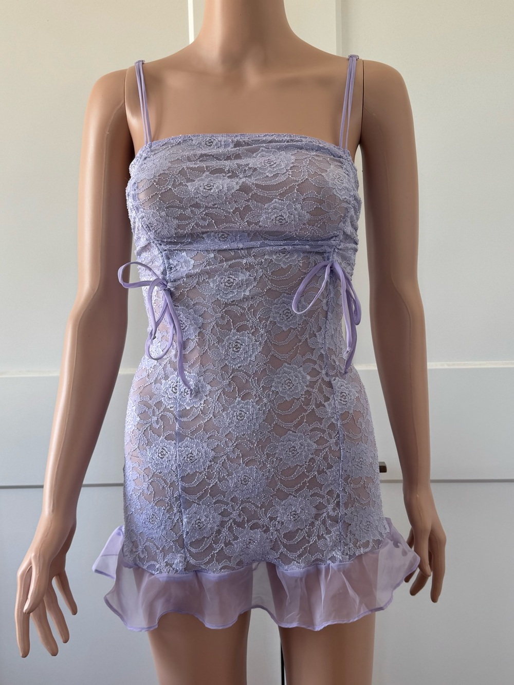 Set Of Victoria’s Secret Purple Lace Ruffle Strappy Chemise Slip Thong Panty XS